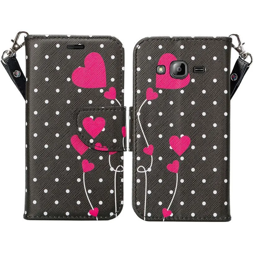 Galaxy Go Prime Case / Grand Prime Wallet Case, Wrist Strap Magnetic Flip Fold[Kickstand] Pu Leather Wallet Case with ID & Credit Card Slot - Polka Dot Heart
