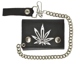 Genuine Leather Trifold Biker Chain Wallet Marijuana Leaf Imprint 946-2 (C)