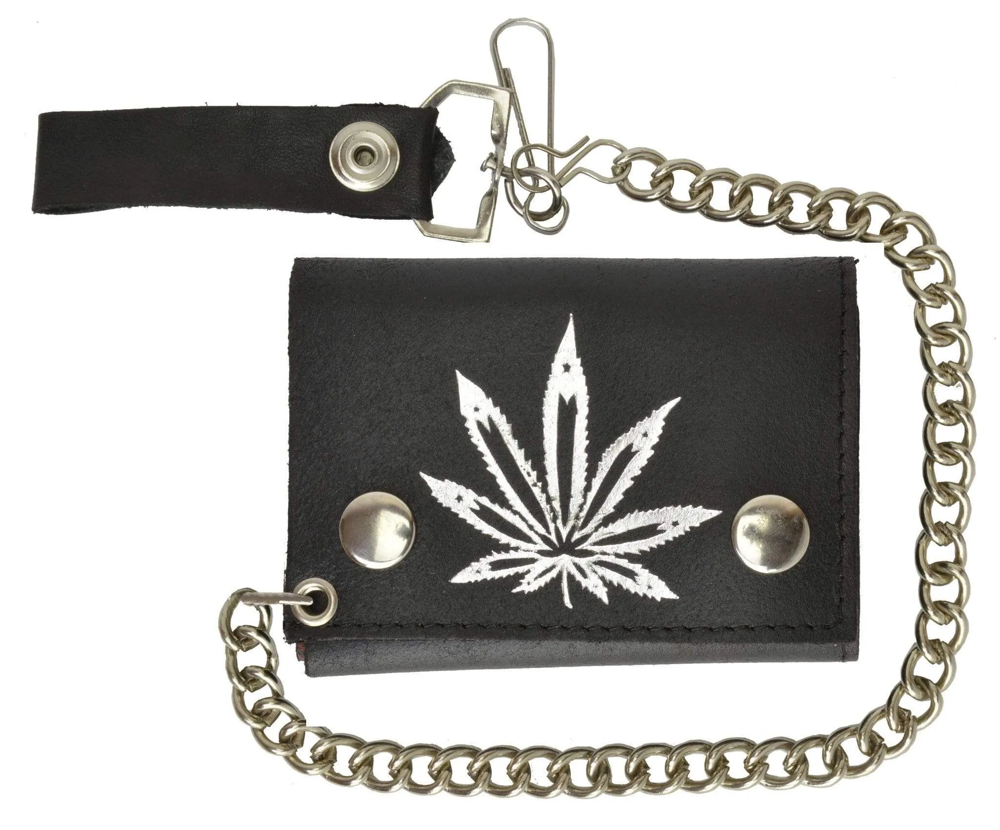 Genuine Leather Trifold Biker Chain Wallet Marijuana Leaf Imprint 946-2 (C)