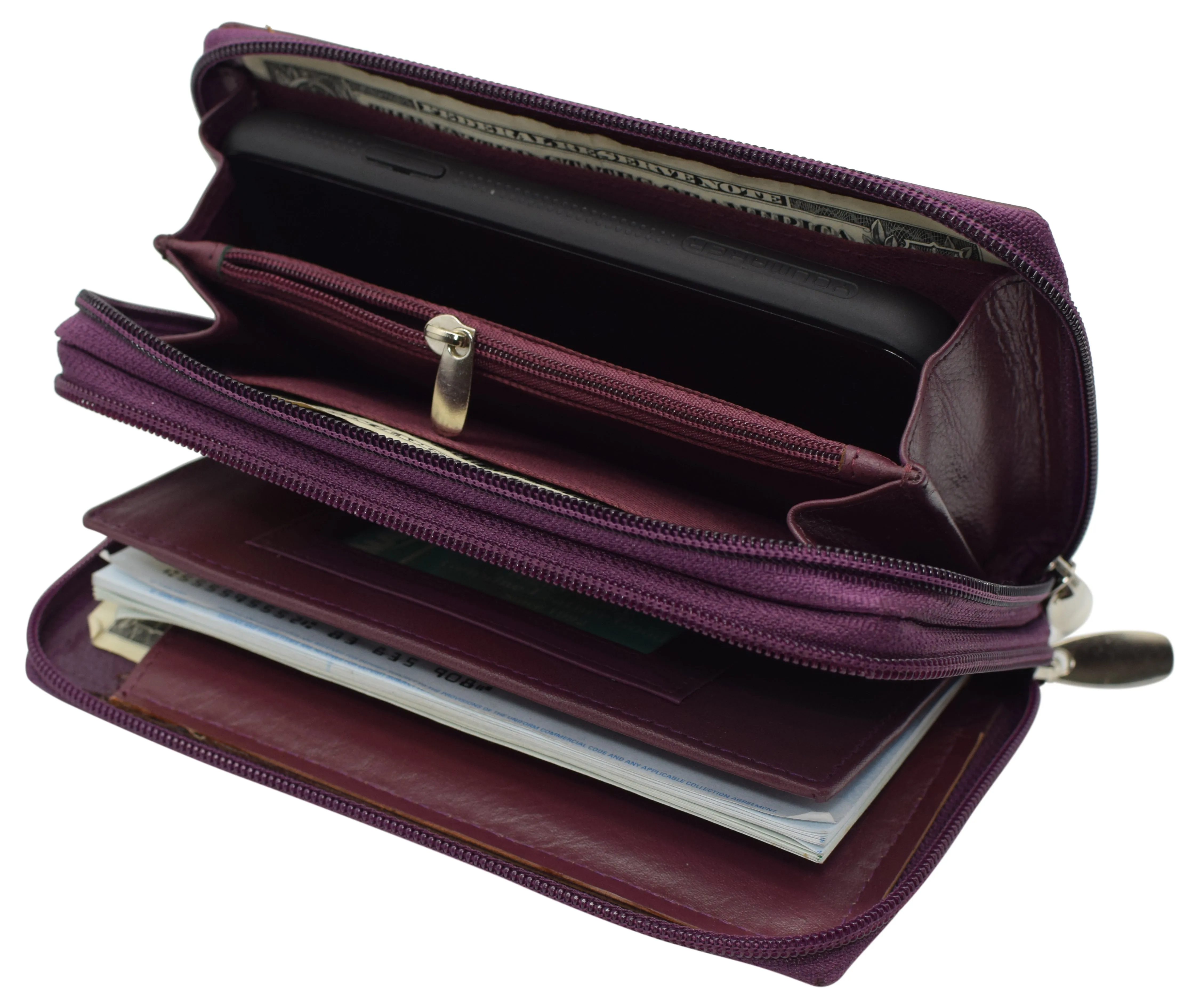 Genuine Leather Womens RFID Blocking Security Double Zip-around Indexer Phone Wallet