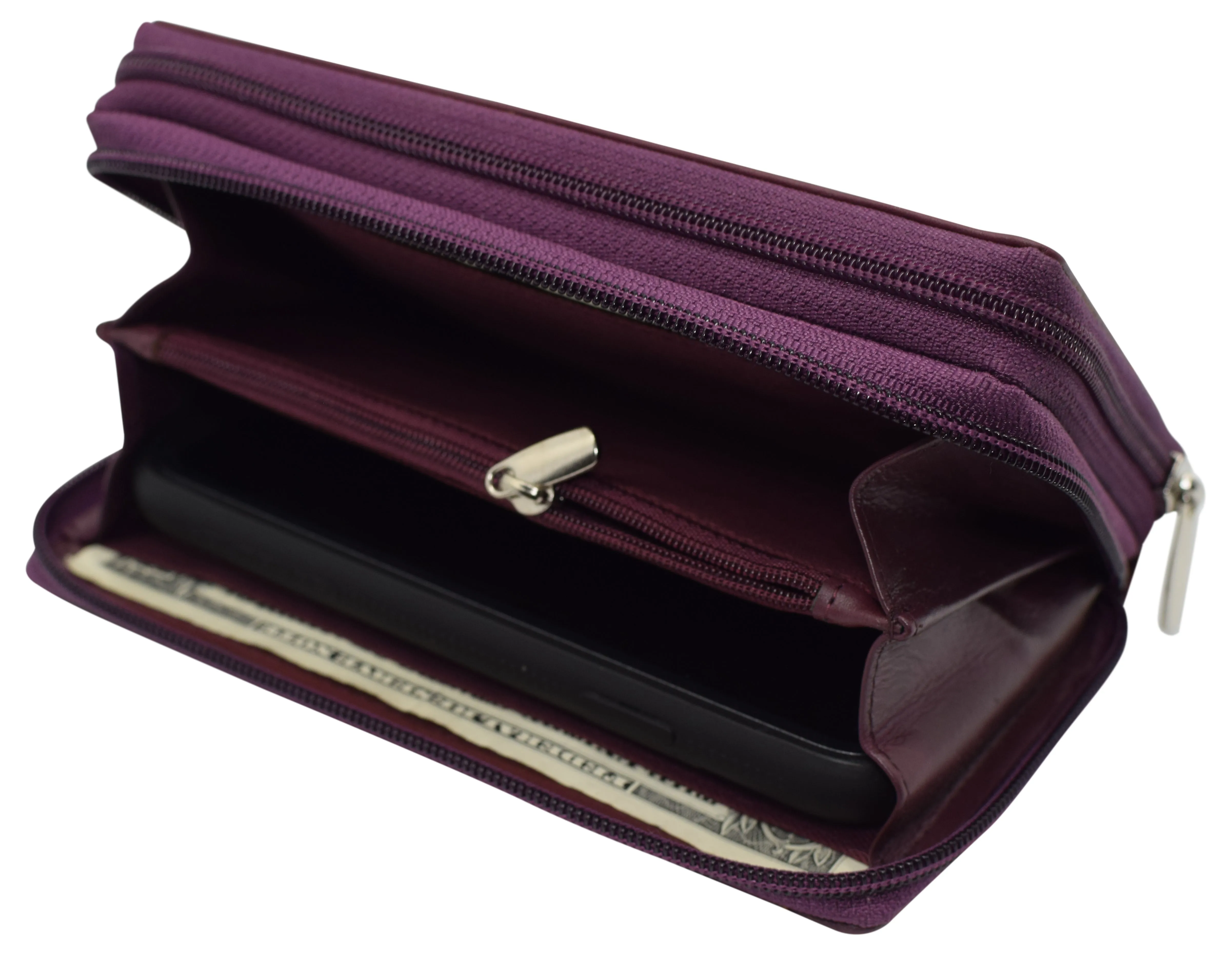 Genuine Leather Womens RFID Blocking Security Double Zip-around Indexer Phone Wallet