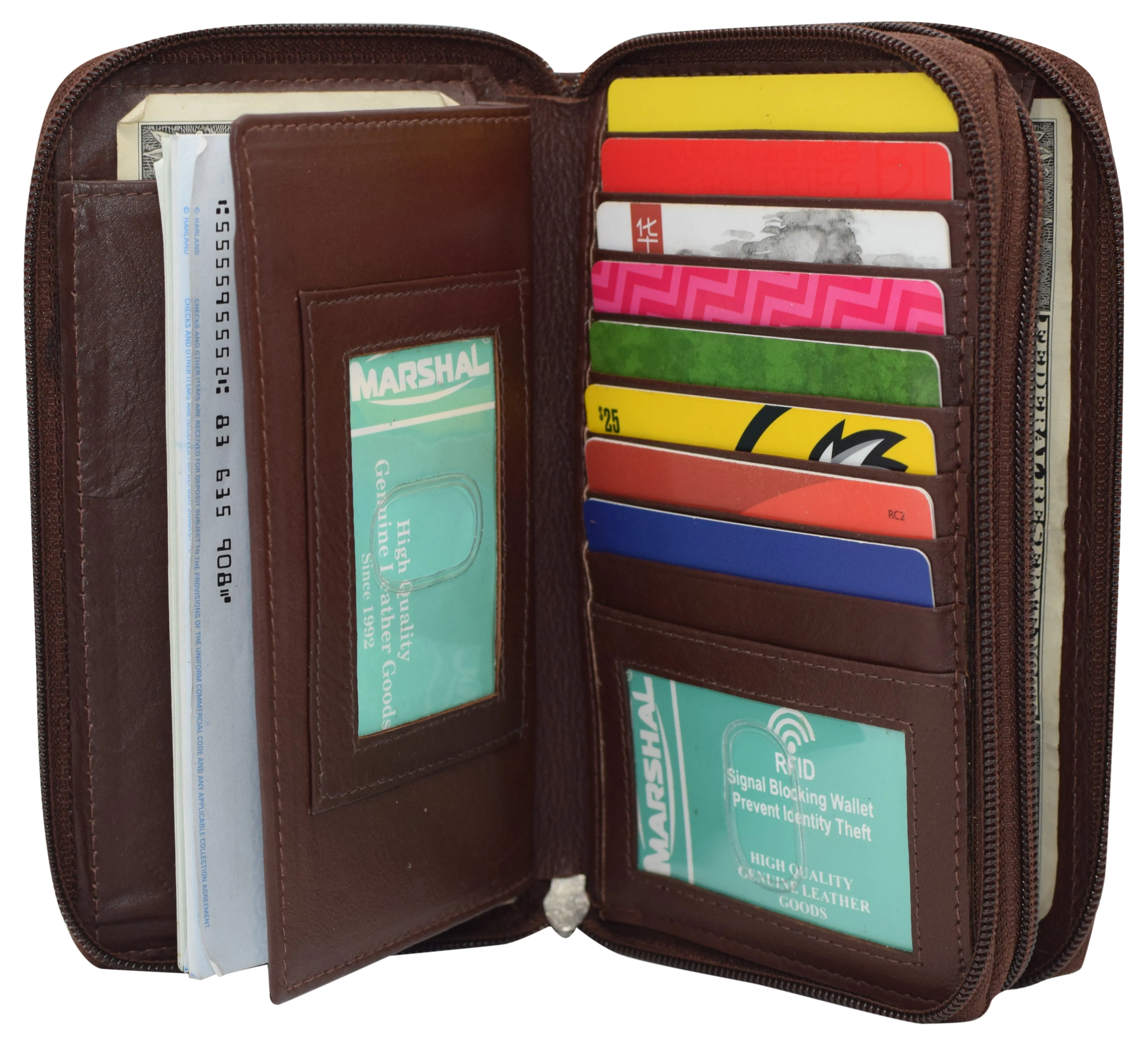 Genuine Leather Womens RFID Blocking Security Double Zip-around Indexer Phone Wallet
