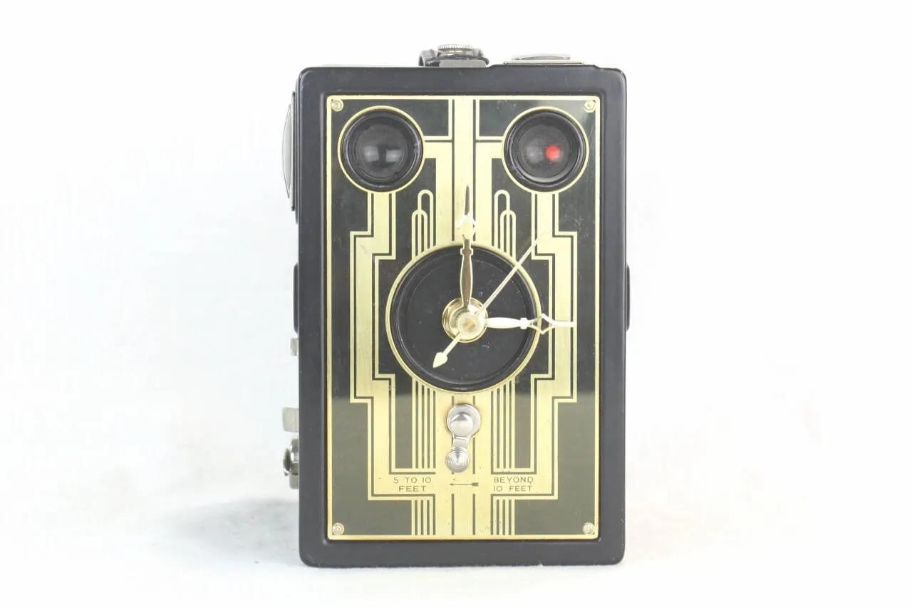 Golden Art Deco Vintage Brownie Target Six-16 Camera Clock,  upcycled, reuse, desk clock, office, fire mantel, antique tabletop clock