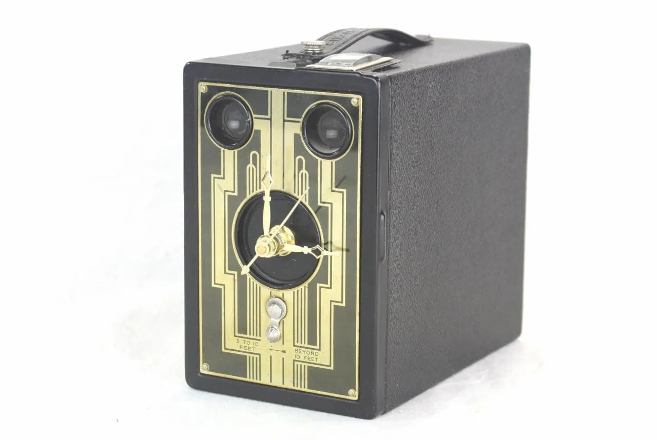 Golden Art Deco Vintage Brownie Target Six-16 Camera Clock,  upcycled, reuse, desk clock, office, fire mantel, antique tabletop clock