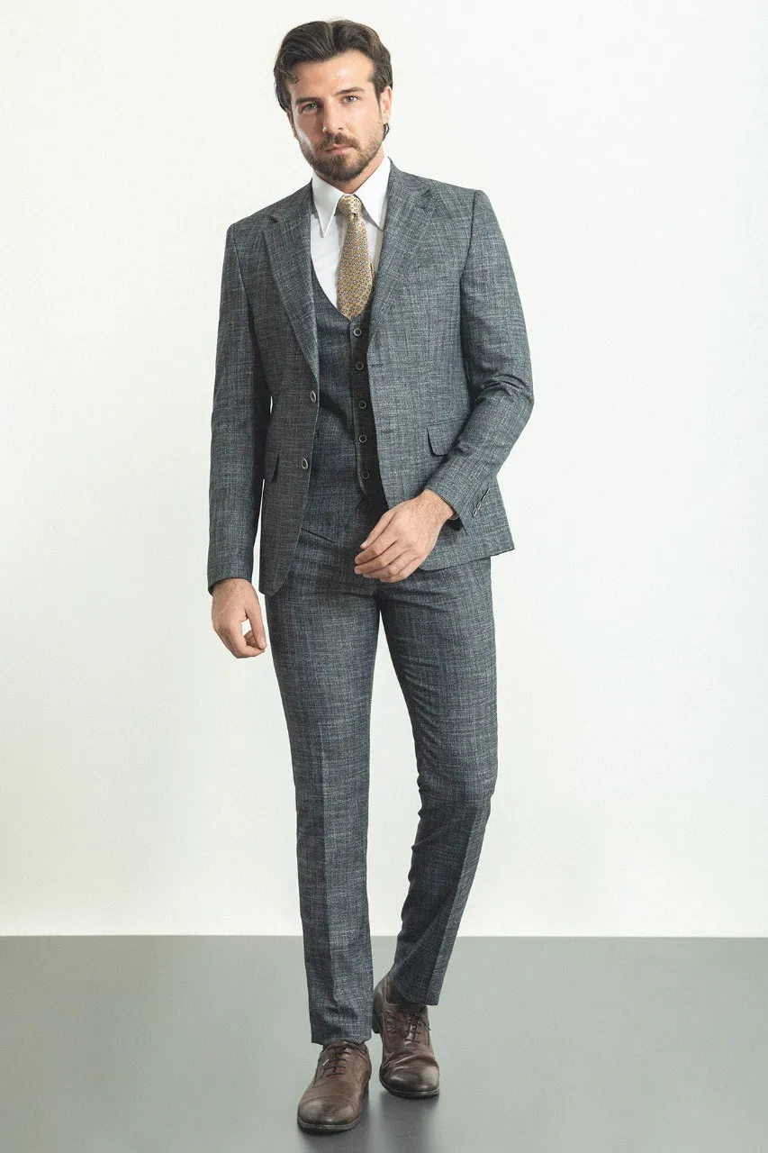 Gray Slim Fit Notch Lapel 3 Piece Crosshatch Suit | GentWith