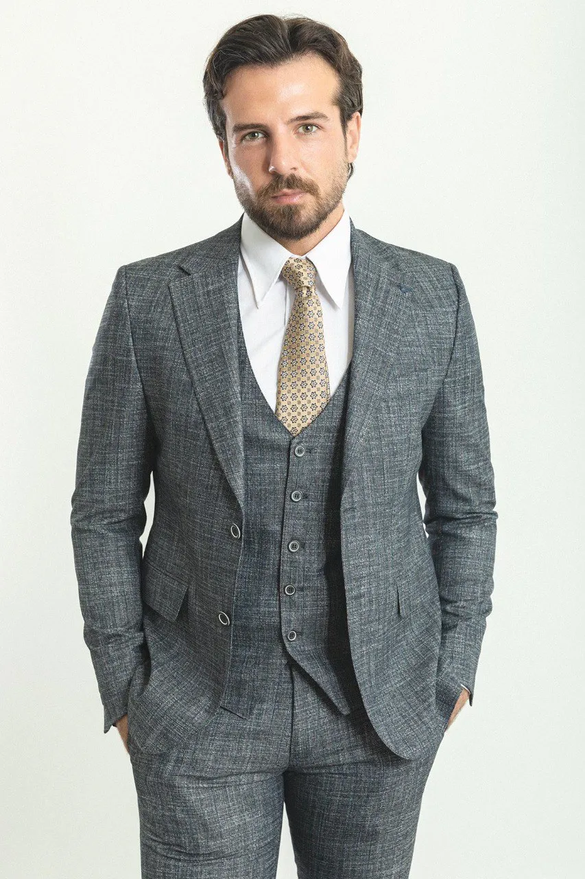 Gray Slim Fit Notch Lapel 3 Piece Crosshatch Suit | GentWith