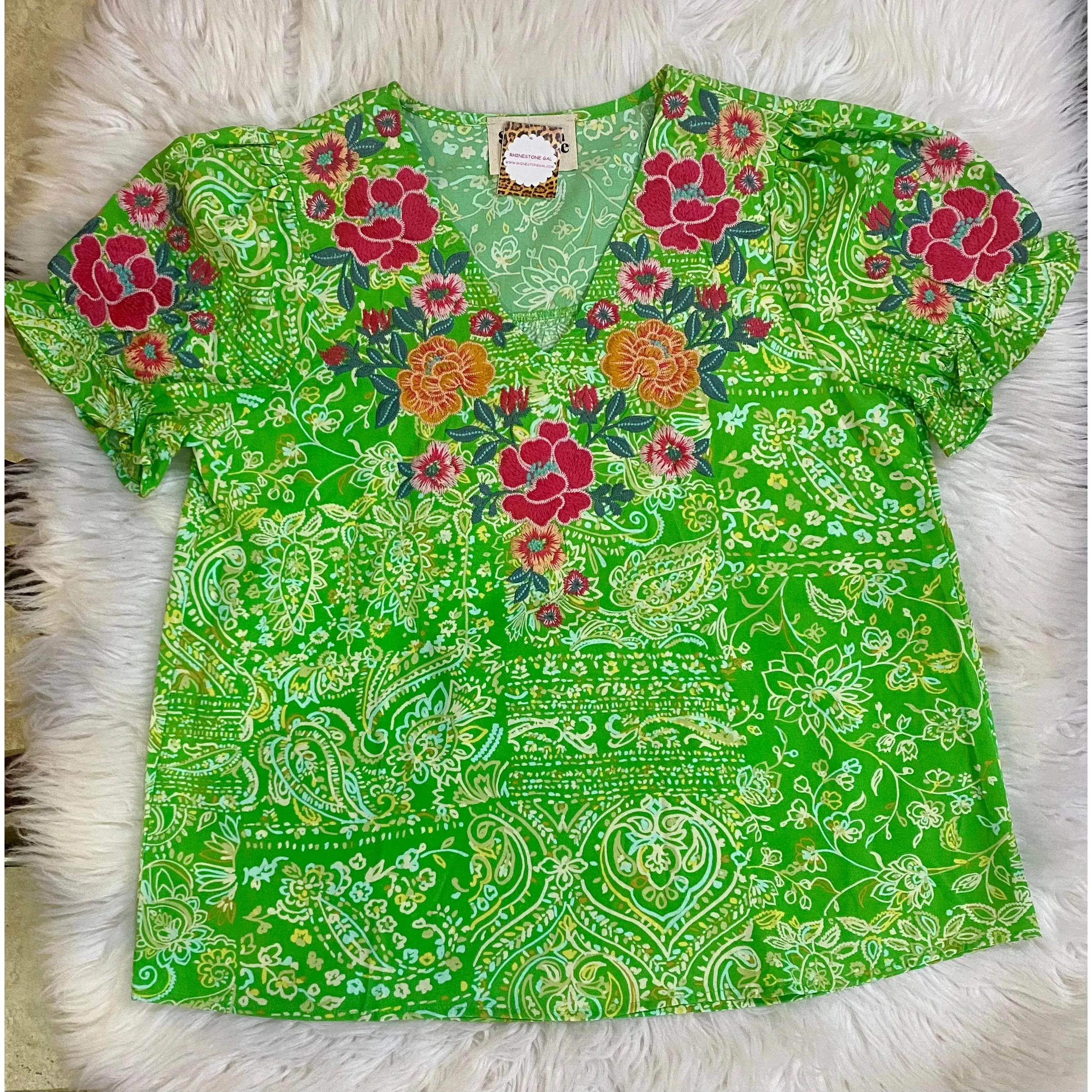 Green Printed Top with Embroidered Details