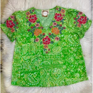 Green Printed Top with Embroidered Details
