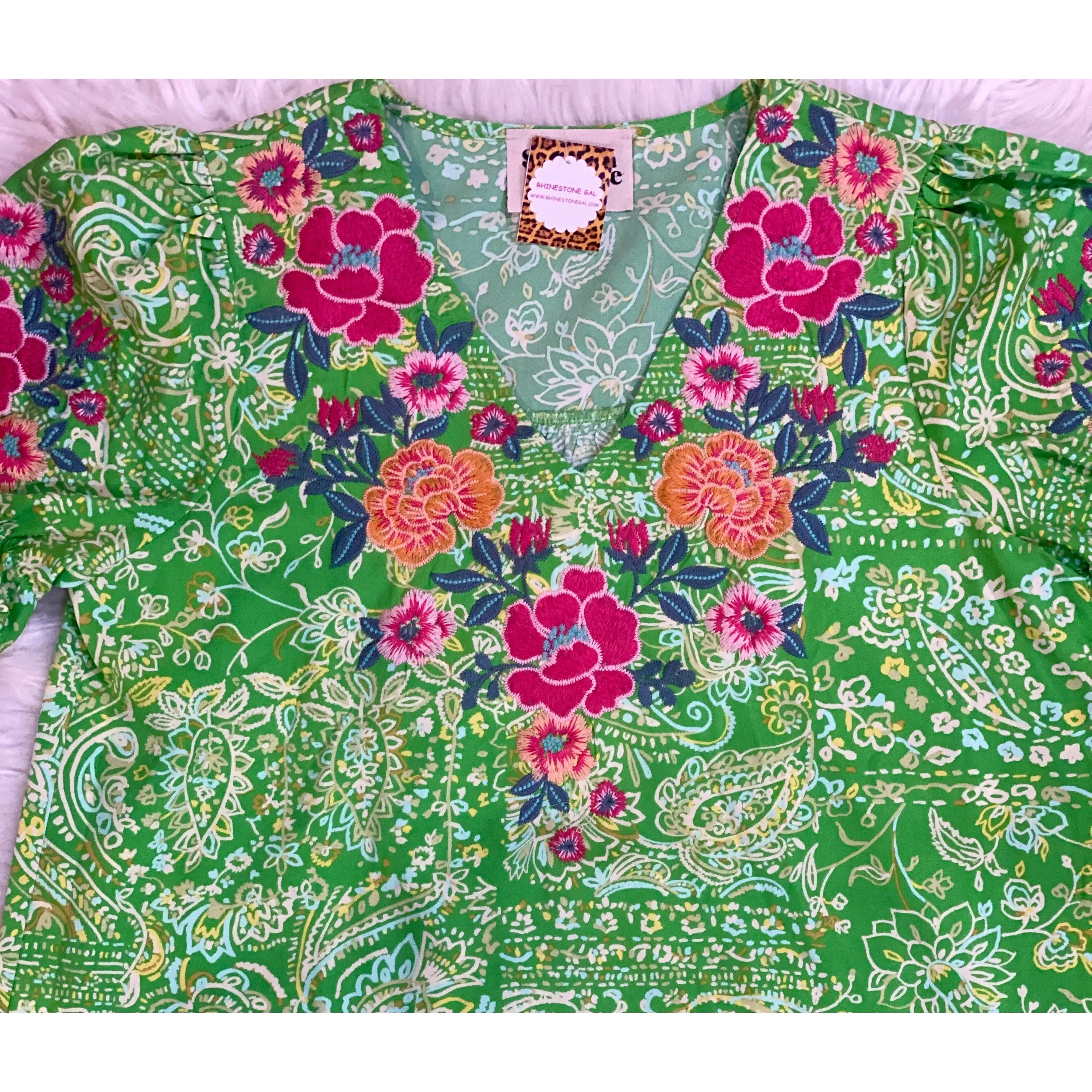 Green Printed Top with Embroidered Details