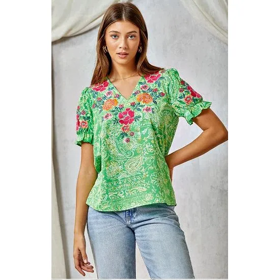 Green Printed Top with Embroidered Details