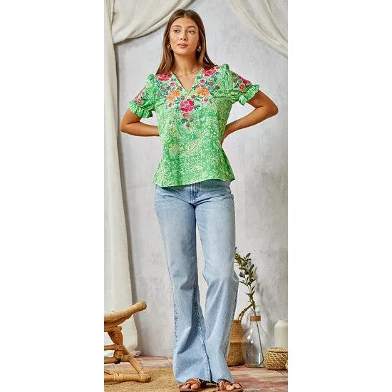 Green Printed Top with Embroidered Details