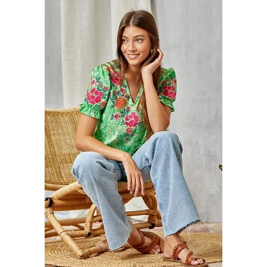Green Printed Top with Embroidered Details