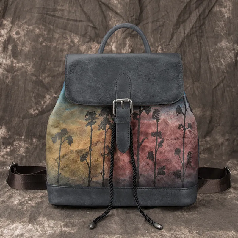 Handmade Womens Brown Leather Flap Backpack Purse Drawstring Backpacks for Women