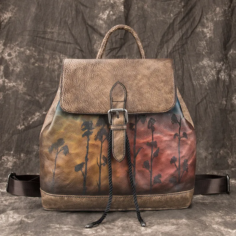 Handmade Womens Brown Leather Flap Backpack Purse Drawstring Backpacks for Women