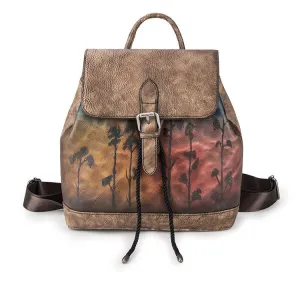 Handmade Womens Brown Leather Flap Backpack Purse Drawstring Backpacks for Women