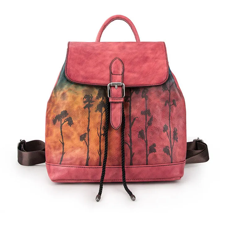 Handmade Womens Brown Leather Flap Backpack Purse Drawstring Backpacks for Women