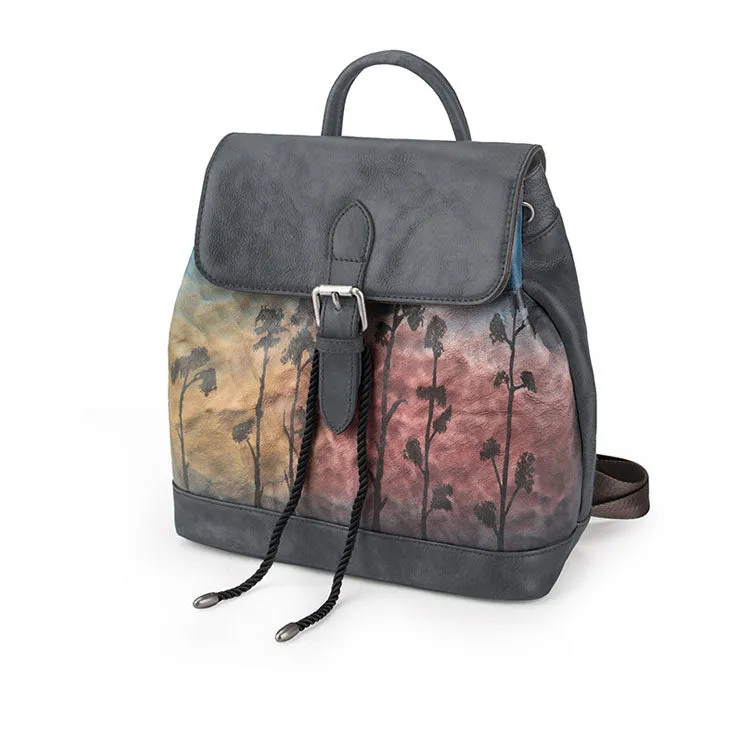 Handmade Womens Brown Leather Flap Backpack Purse Drawstring Backpacks for Women