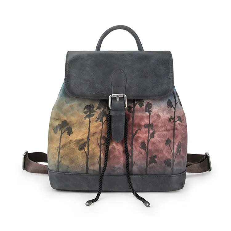 Handmade Womens Brown Leather Flap Backpack Purse Drawstring Backpacks for Women