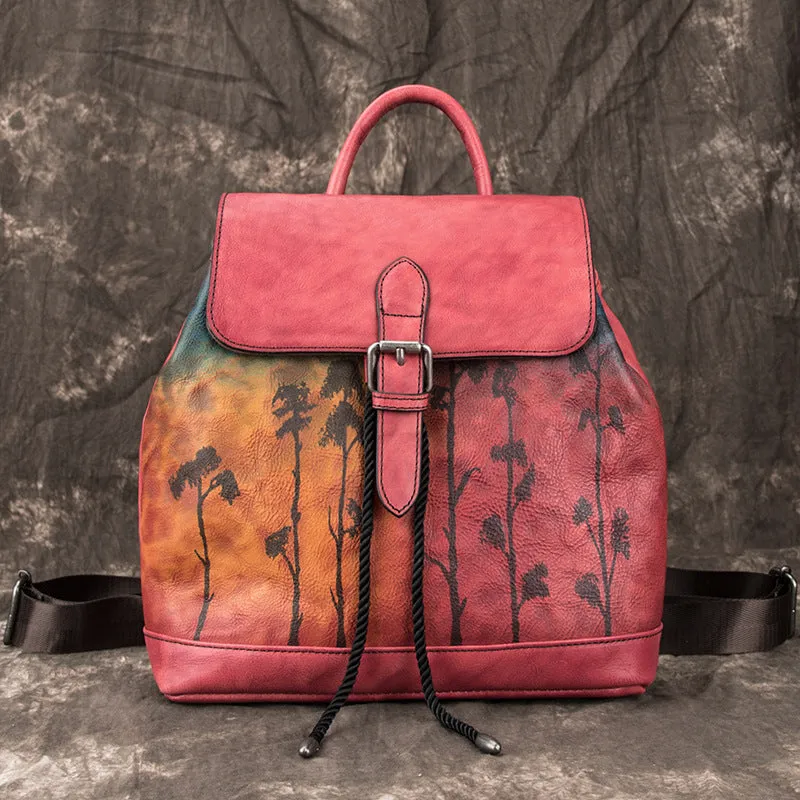 Handmade Womens Brown Leather Flap Backpack Purse Drawstring Backpacks for Women