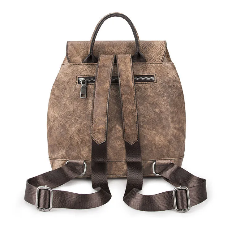 Handmade Womens Brown Leather Flap Backpack Purse Drawstring Backpacks for Women