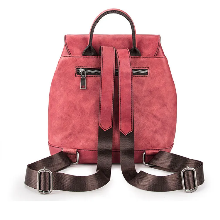Handmade Womens Brown Leather Flap Backpack Purse Drawstring Backpacks for Women