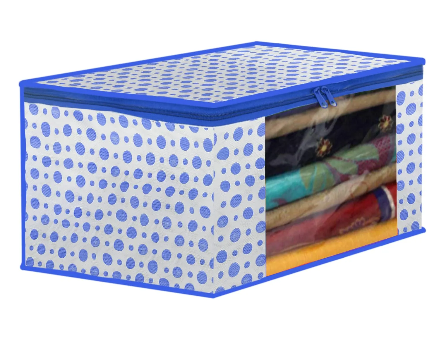 Heart Home Dot Printed Foldable, Lightweight Non-Woven Saree Cover/Organizer With Tranasparent Window- Pack of 2 (Blue & Pink)-46HH0505