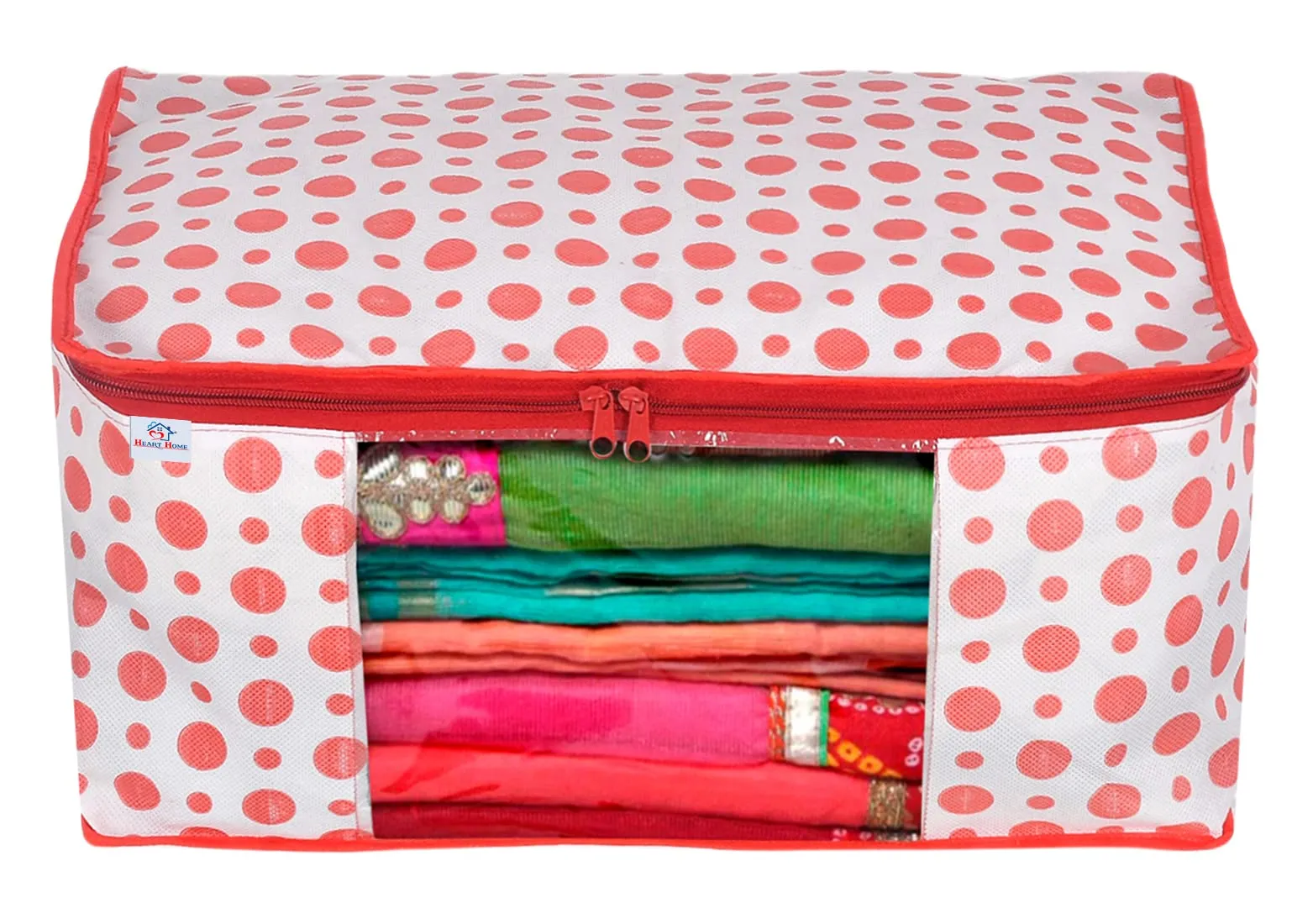 Heart Home Dot Printed Foldable, Lightweight Non-Woven Saree Cover/Organizer With Tranasparent Window- Pack of 2 (Blue & Pink)-46HH0505