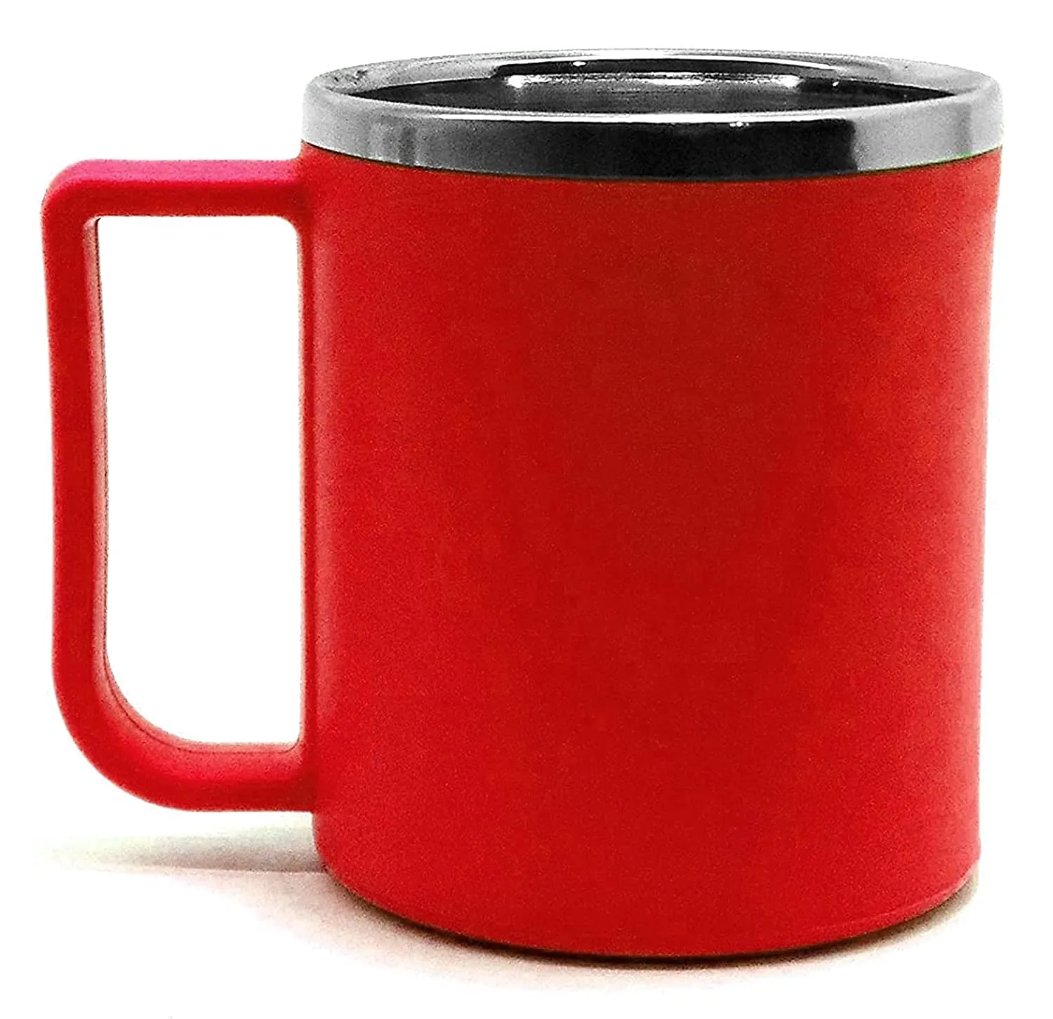 Heart Home Medium Size Plastic Steel Cups for Coffee Tea Cocoa, Camping Mugs with Handle, Portable & Easy Clean, Set of 2 (Red)
