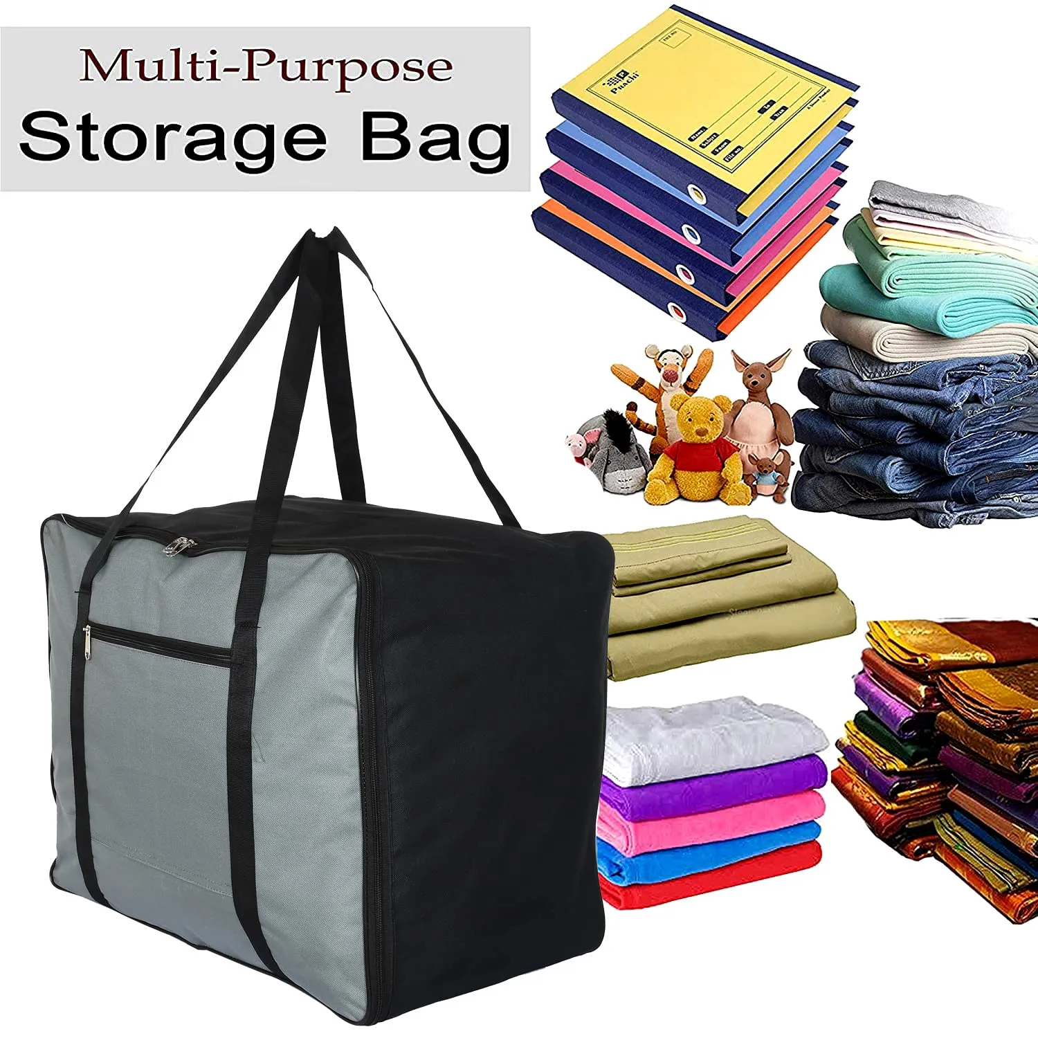Heart Home Moisture Proof Wardrobe Organizer Storage Bag For Clothes With Zipper Closure and Handle- Pack of 2 (Grey & Black)-HS43HEARTH26663