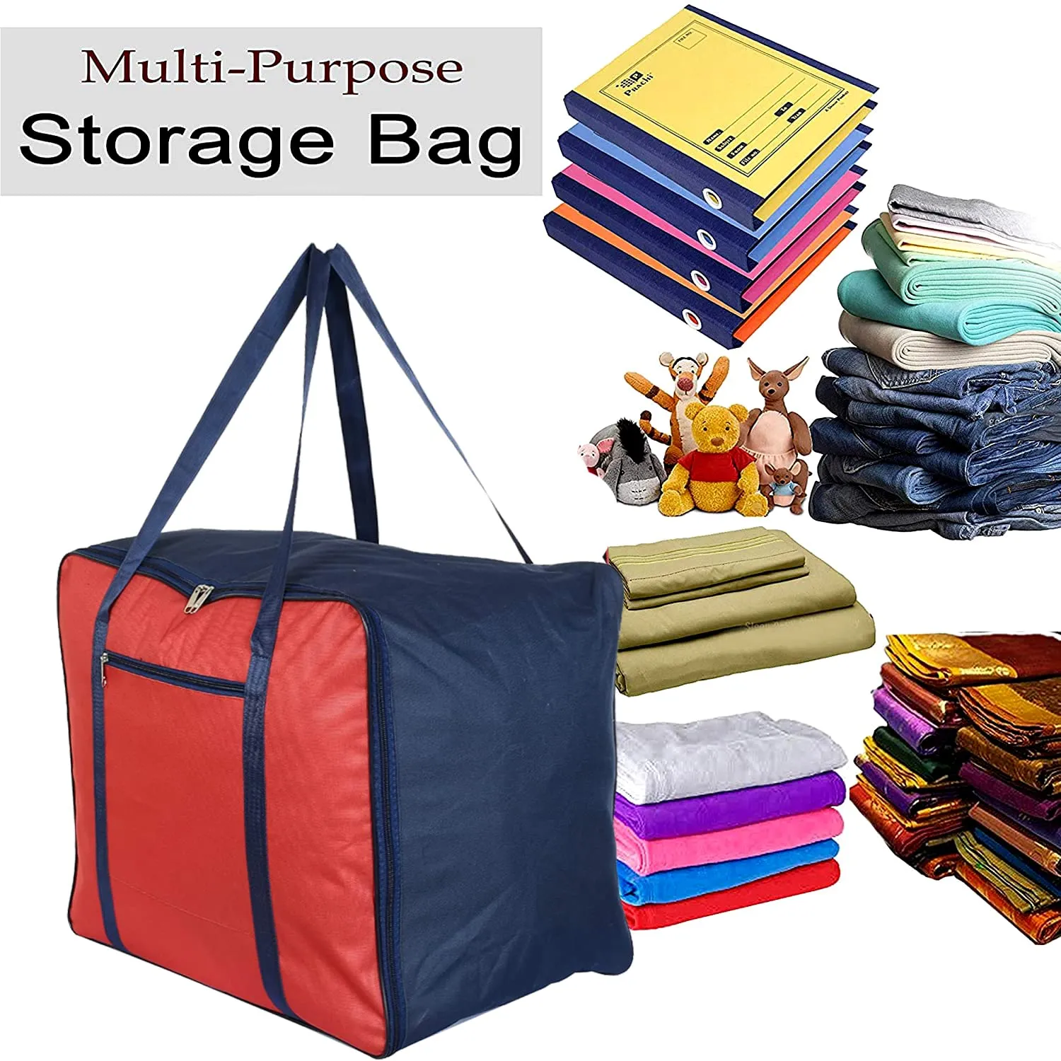 Heart Home Moisture Proof Wardrobe Organizer Storage Bag For Clothes With Zipper Closure and Handle- Pack of 2 (Red & Blue)-HS43HEARTH26659