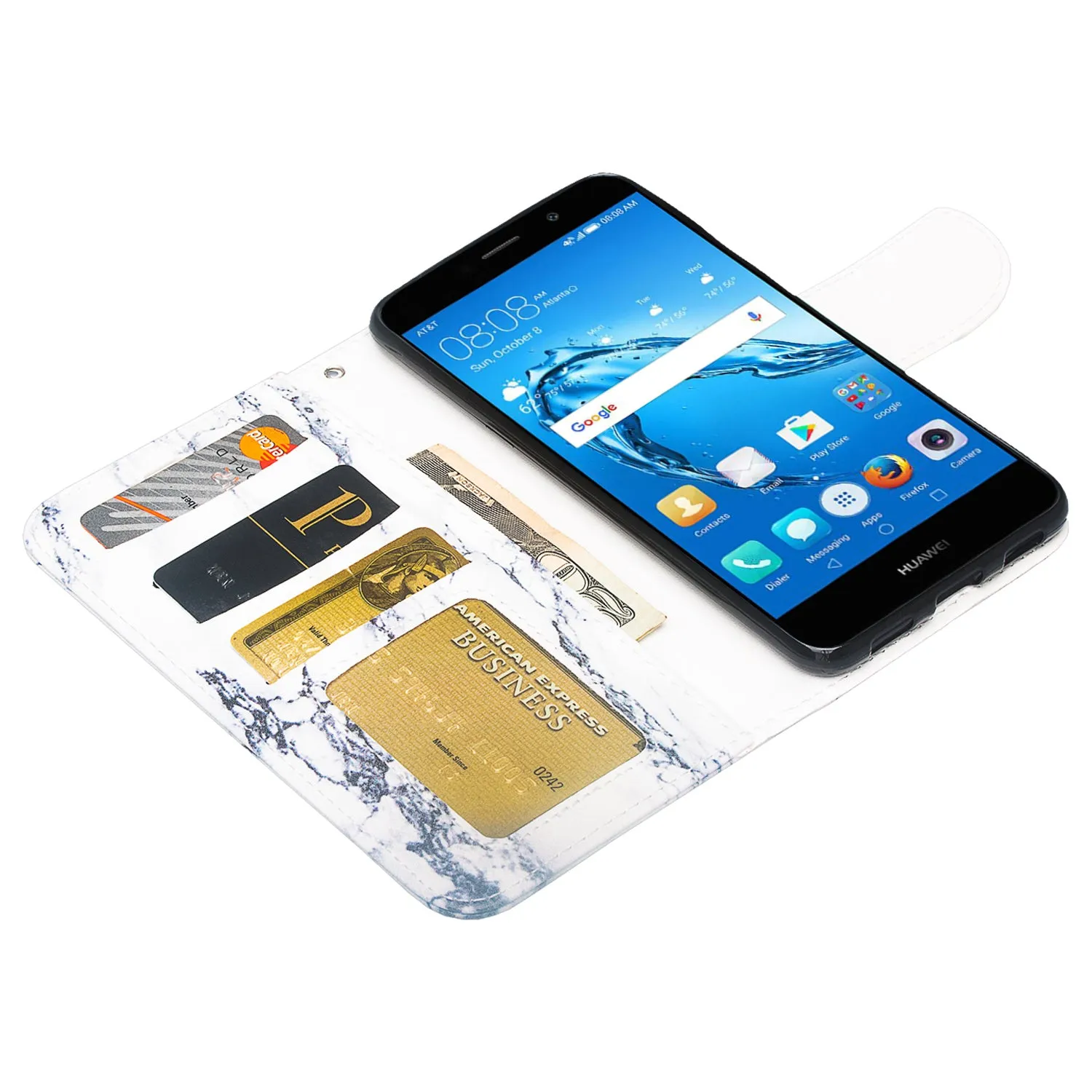 Huawei Ascend XT 2 Case, Elate 4G Case, H1711 Case, Slim Flip Fold [Kickstand] Pu Leather Wallet Cover with Card Slots & Pocket   Wrist Strap - White Marble