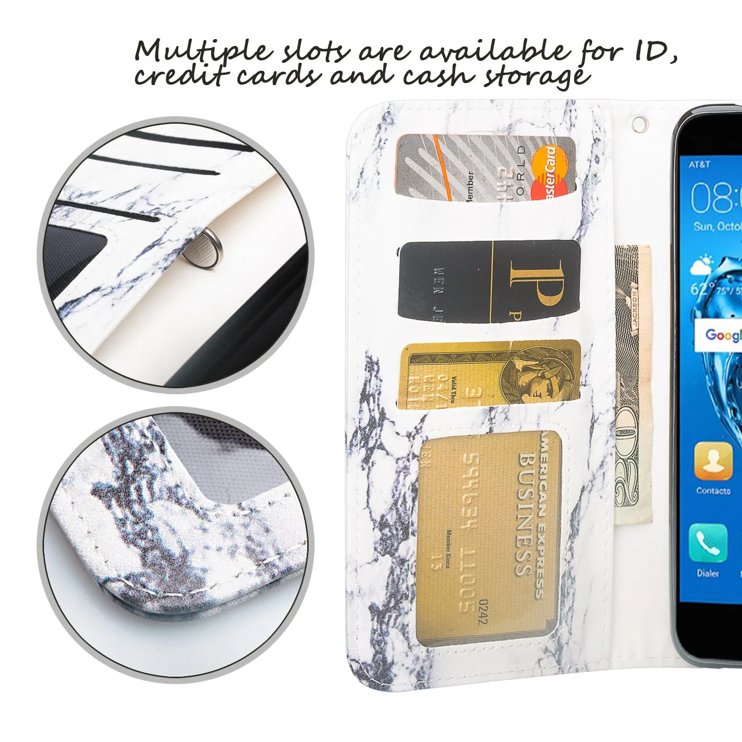 Huawei Ascend XT 2 Case, Elate 4G Case, H1711 Case, Slim Flip Fold [Kickstand] Pu Leather Wallet Cover with Card Slots & Pocket   Wrist Strap - White Marble