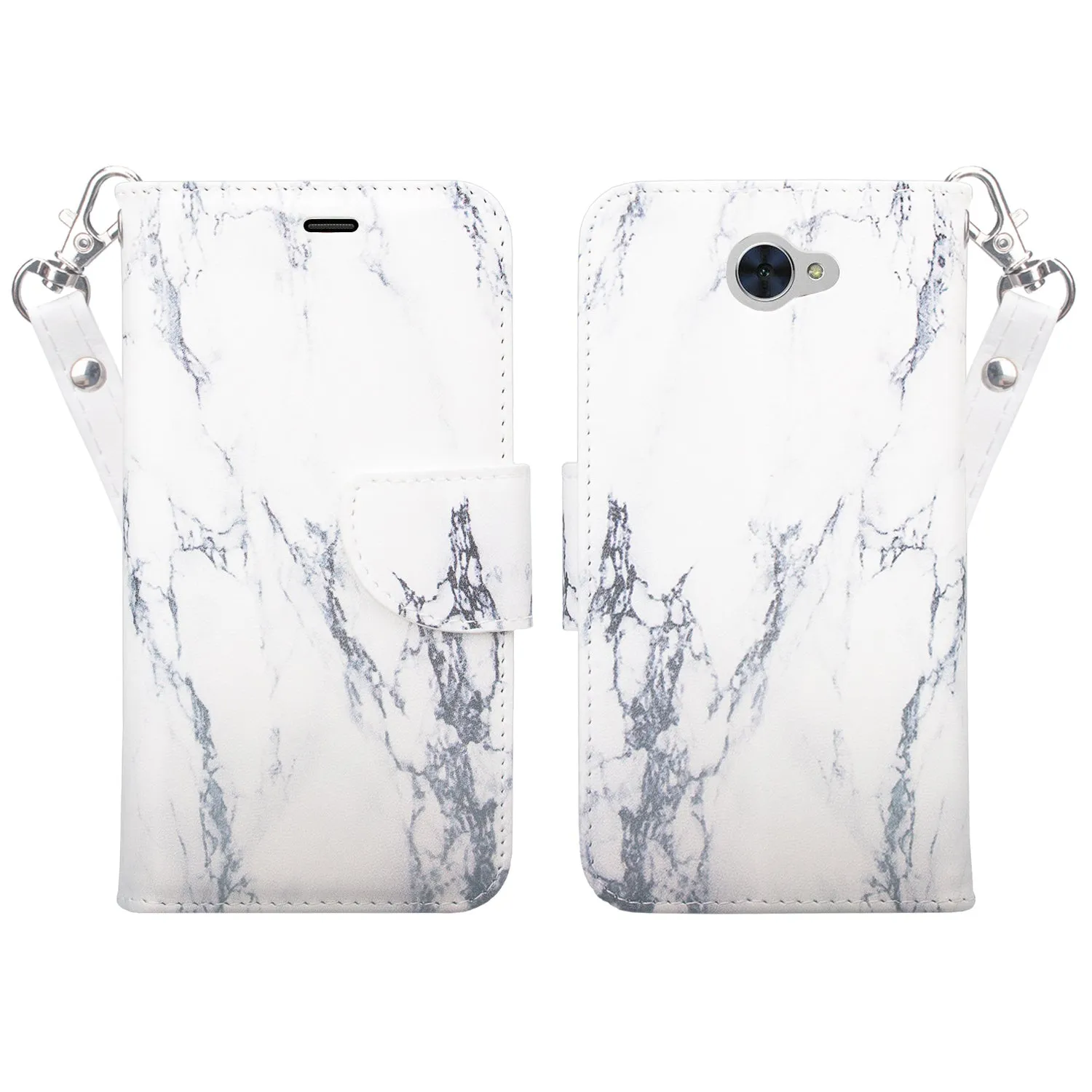 Huawei Ascend XT 2 Case, Elate 4G Case, H1711 Case, Slim Flip Fold [Kickstand] Pu Leather Wallet Cover with Card Slots & Pocket   Wrist Strap - White Marble