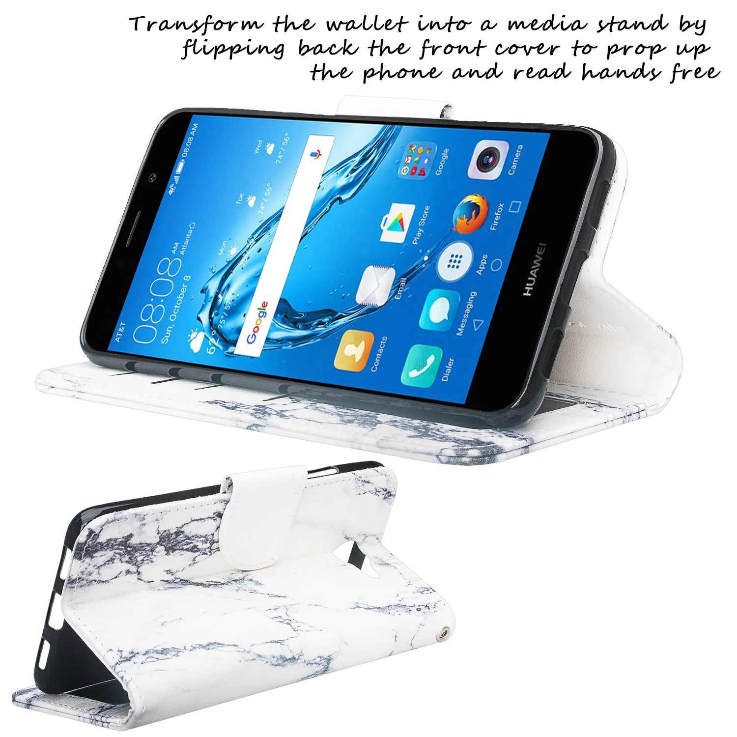 Huawei Ascend XT 2 Case, Elate 4G Case, H1711 Case, Slim Flip Fold [Kickstand] Pu Leather Wallet Cover with Card Slots & Pocket   Wrist Strap - White Marble