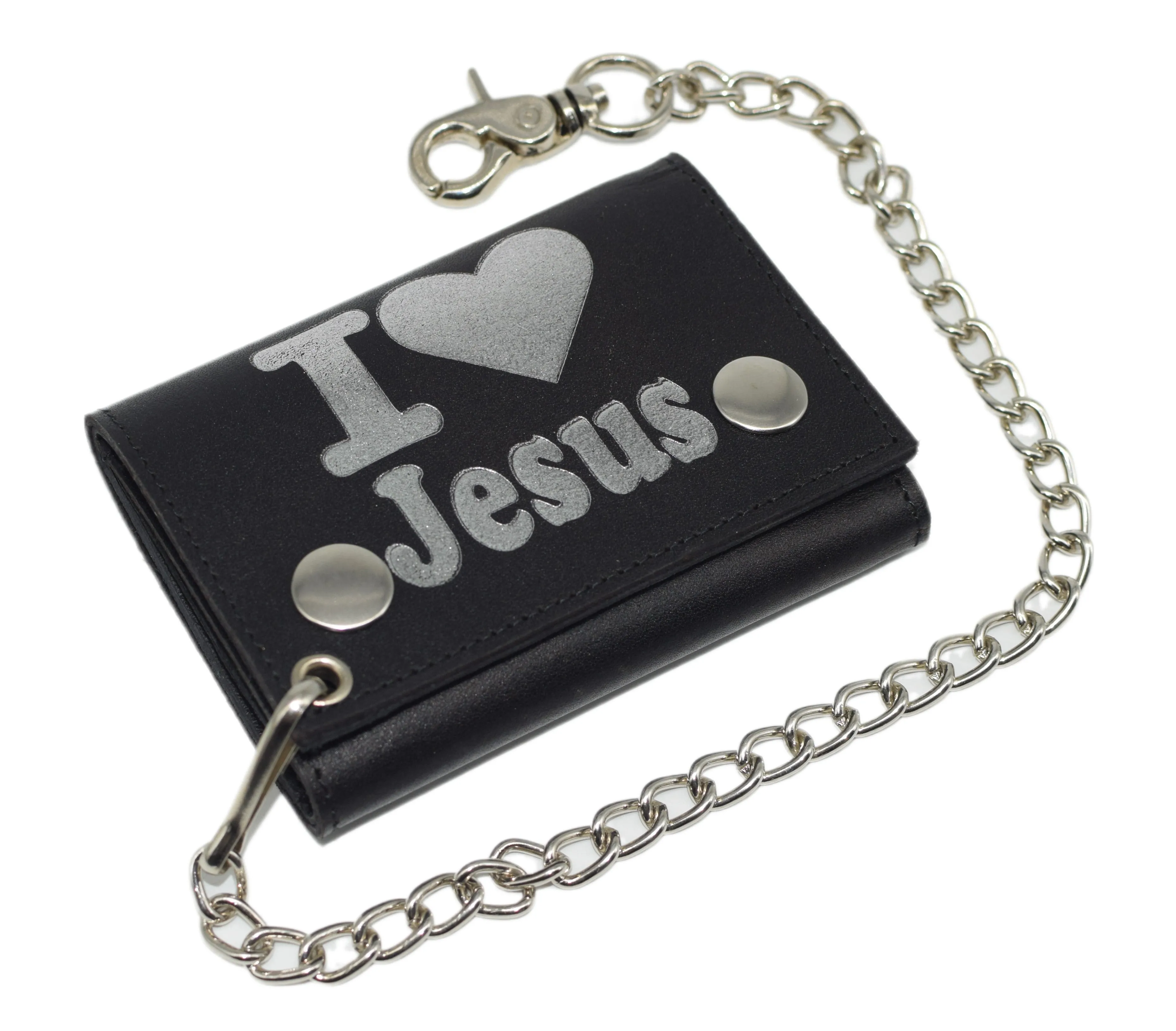 I Love Jesus RFID Protected Trifold Biker Men's Genuine Leather Steel Chain Wallet Snap closure