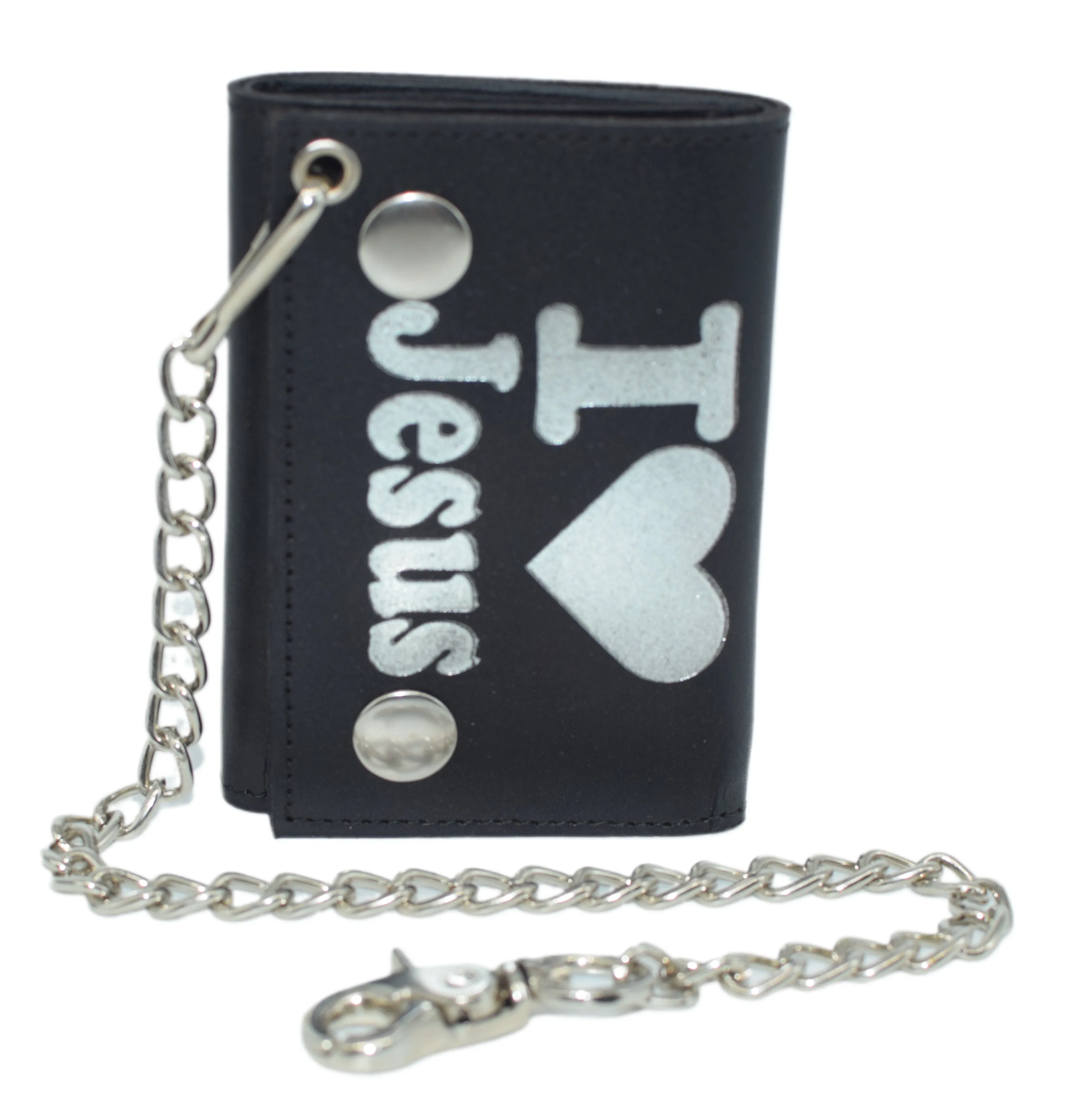 I Love Jesus RFID Protected Trifold Biker Men's Genuine Leather Steel Chain Wallet Snap closure