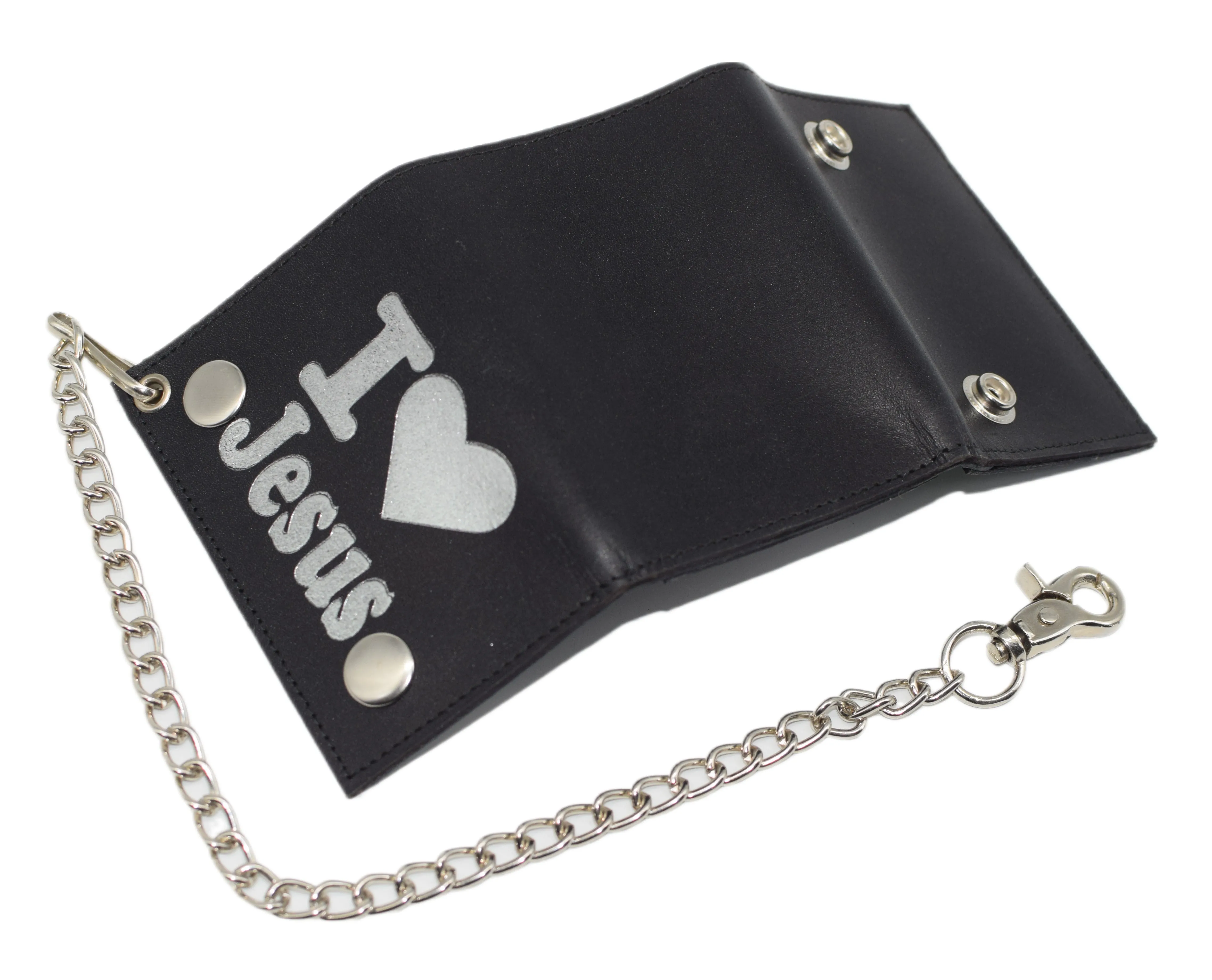 I Love Jesus RFID Protected Trifold Biker Men's Genuine Leather Steel Chain Wallet Snap closure