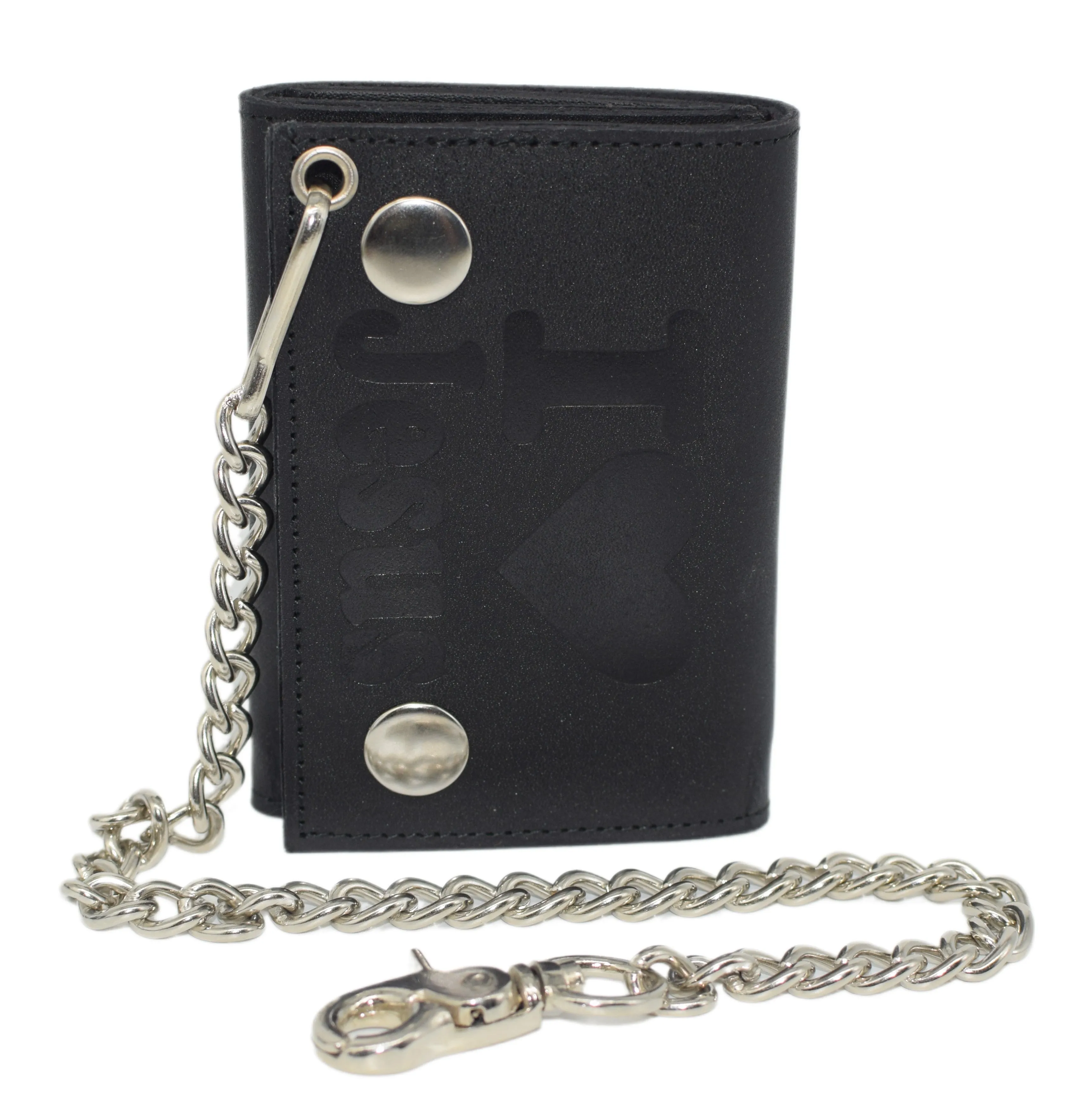 I Love Jesus RFID Protected Trifold Biker Men's Genuine Leather Steel Chain Wallet Snap closure