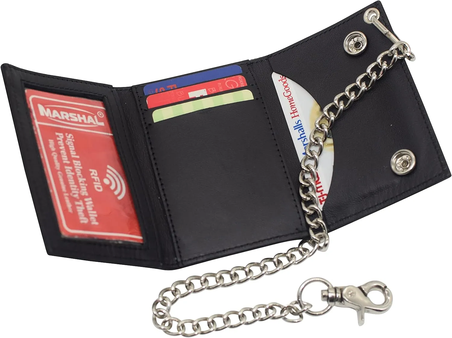I Love Jesus RFID Protected Trifold Biker Men's Genuine Leather Steel Chain Wallet Snap closure