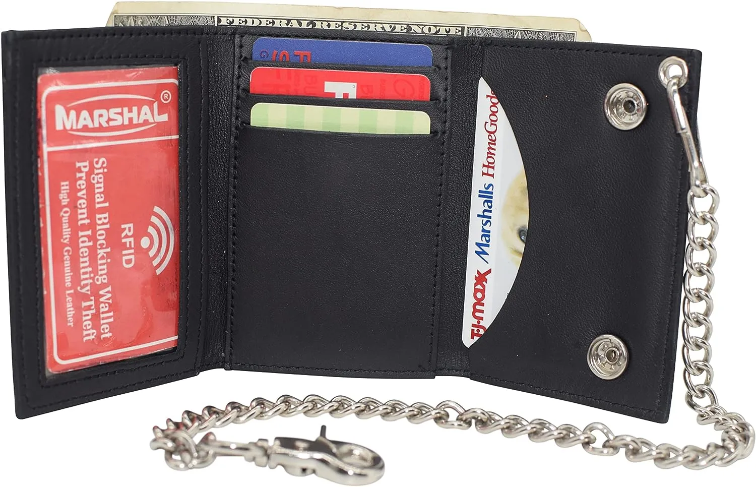 I Love Jesus RFID Protected Trifold Biker Men's Genuine Leather Steel Chain Wallet Snap closure