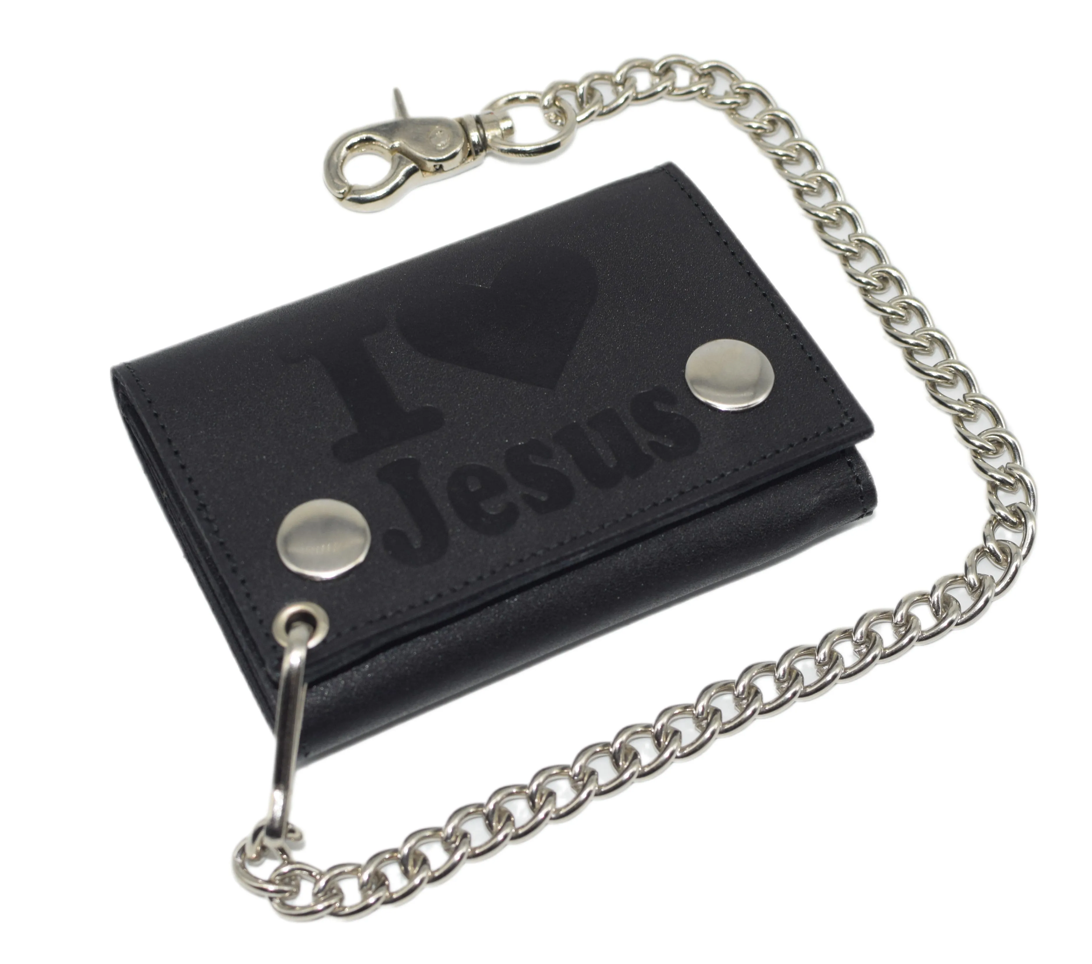 I Love Jesus RFID Protected Trifold Biker Men's Genuine Leather Steel Chain Wallet Snap closure