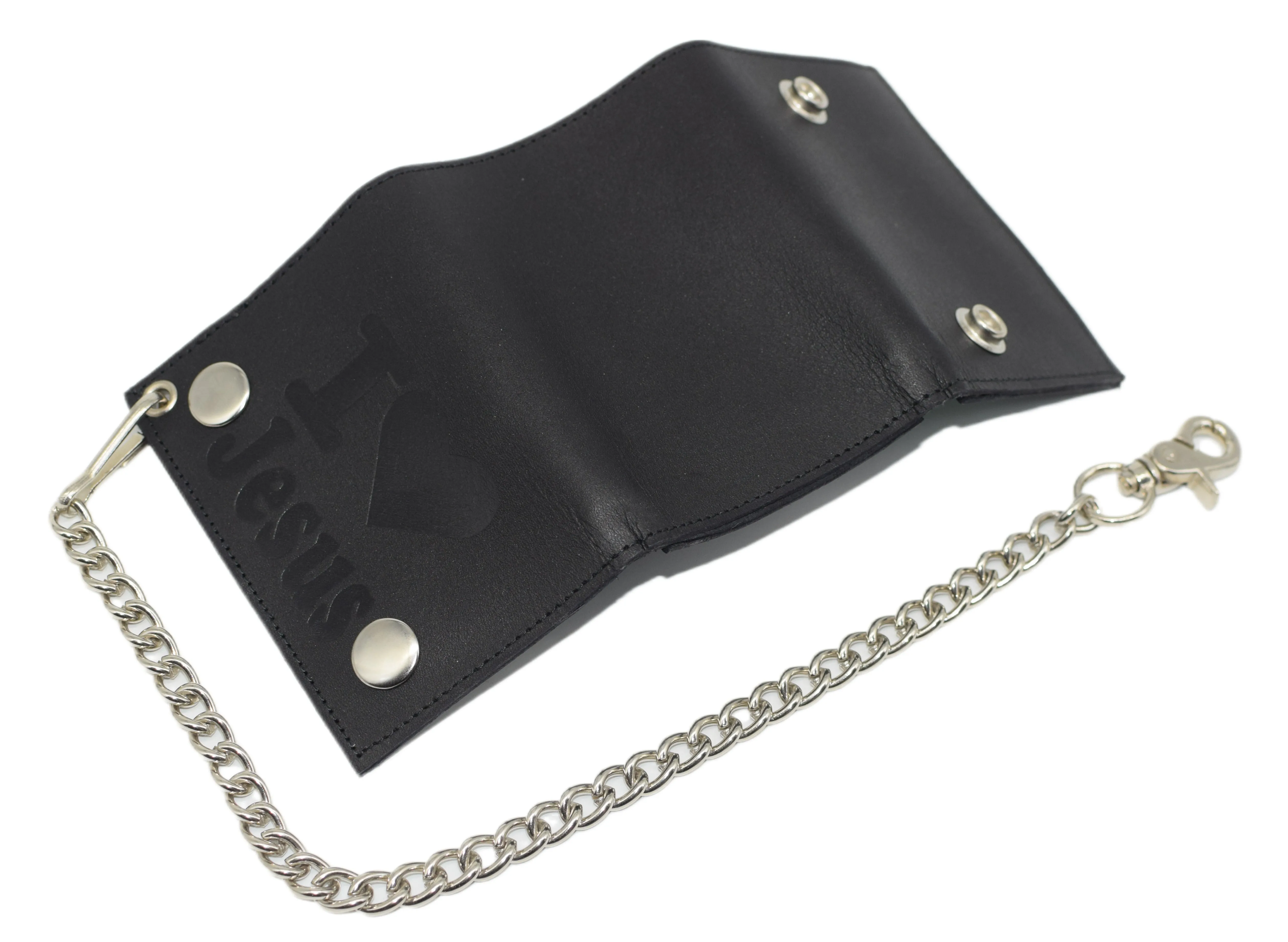 I Love Jesus RFID Protected Trifold Biker Men's Genuine Leather Steel Chain Wallet Snap closure
