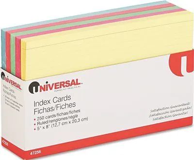 Index Cards' 5 X 8' Blue/Salmon/Green/Cherry/Canary' 250/Pack