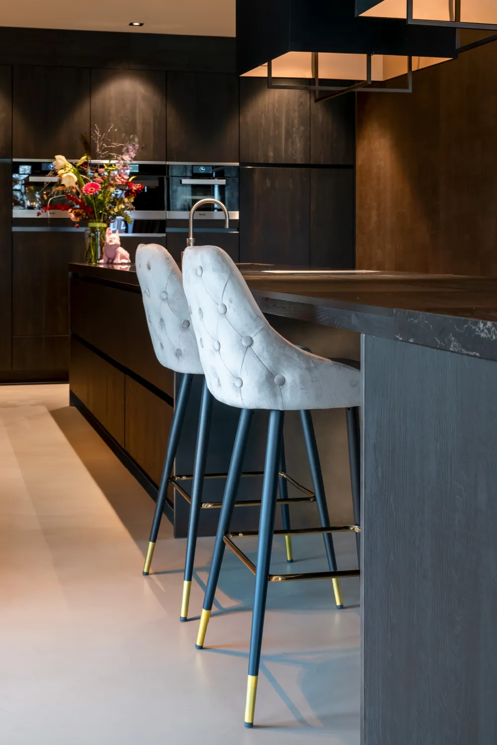 Khaki Velvet Gold Accent Bar Stool | OROA Imani