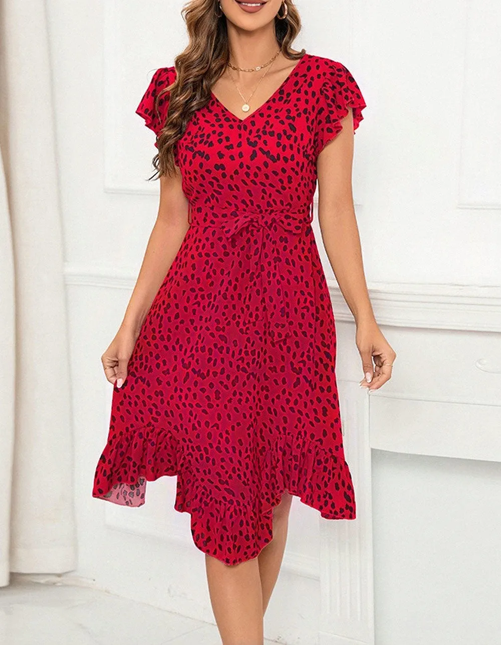 Leopard Print Slim V-Neck Ruffle Short Sleeve Asymmetrical Midi A-Line Dresses