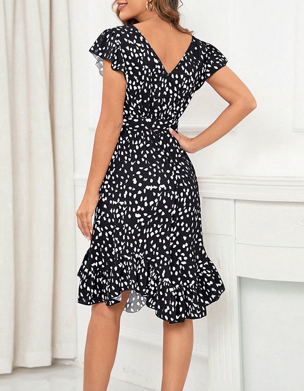 Leopard Print Slim V-Neck Ruffle Short Sleeve Asymmetrical Midi A-Line Dresses