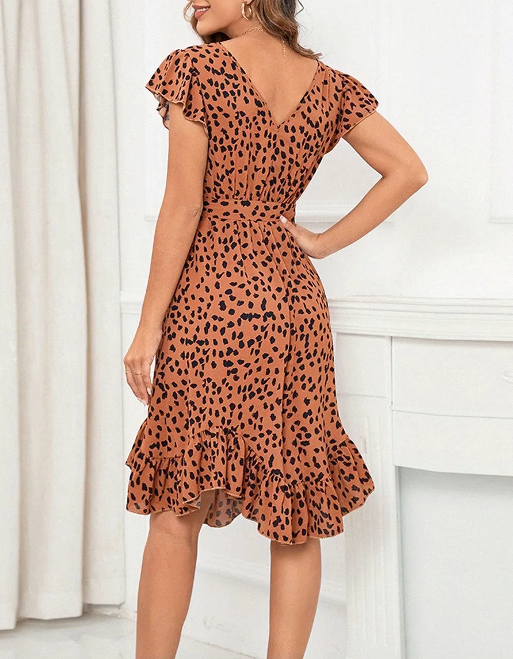 Leopard Print Slim V-Neck Ruffle Short Sleeve Asymmetrical Midi A-Line Dresses