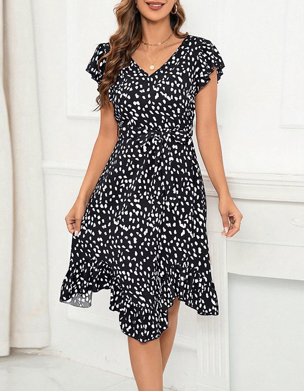 Leopard Print Slim V-Neck Ruffle Short Sleeve Asymmetrical Midi A-Line Dresses