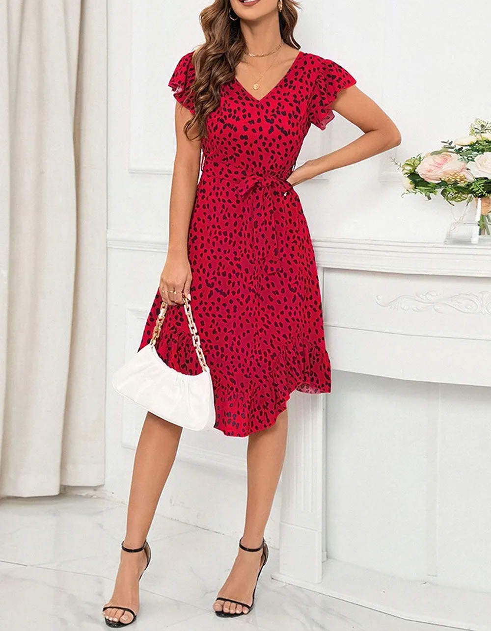 Leopard Print Slim V-Neck Ruffle Short Sleeve Asymmetrical Midi A-Line Dresses