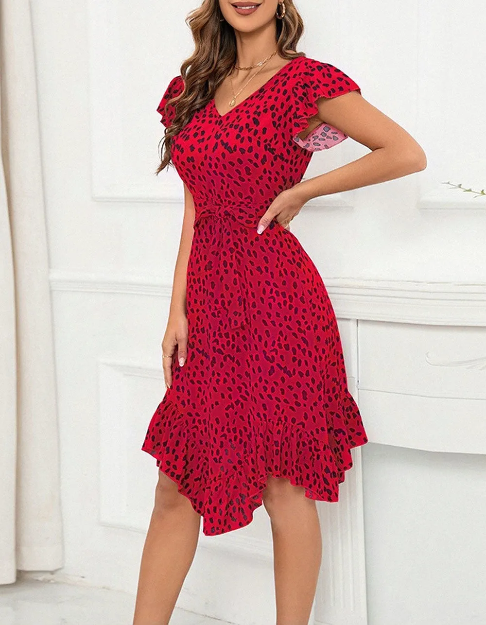 Leopard Print Slim V-Neck Ruffle Short Sleeve Asymmetrical Midi A-Line Dresses